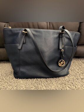 Michael Kors Navy Pebbled Leather Tote with Gold Logo Charm